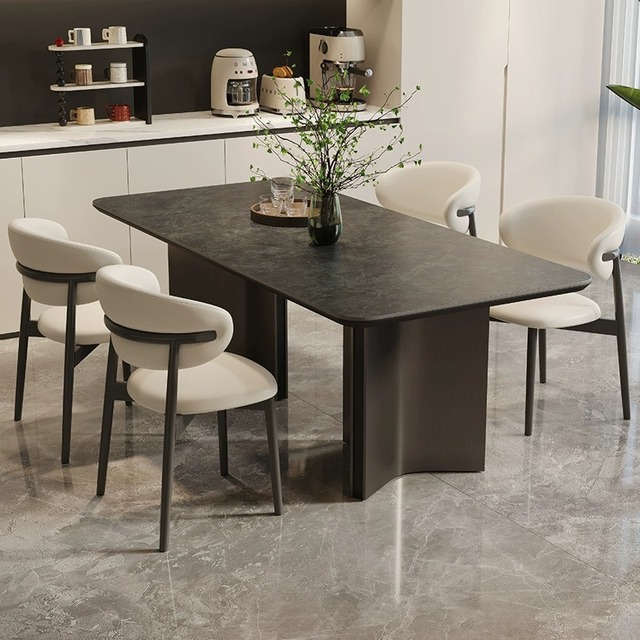 Light Luxury Minimalist Sintered Stone Dining Table with Steel Legs Eco-Friendly 6-Seater for Small-Space Home Use Dark Gray