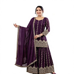 Salwar Kameez Morado Bordado con Dupatta, Traje Tradicional para Mujer, India, Pakistán, Boda, Vestido de Poliéster hasta el Tobillo - Product Image 1
