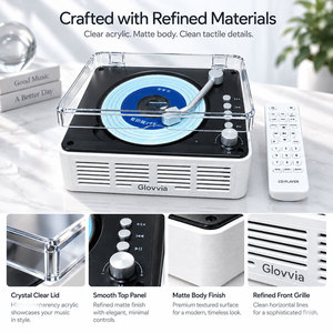 Lecteur CD rétro Glovvia avec haut-parleurs intégrés, radio FM Bluetooth, lecture USB, télécommande, design en bois, lecteur de musique domestique - Product Image 2