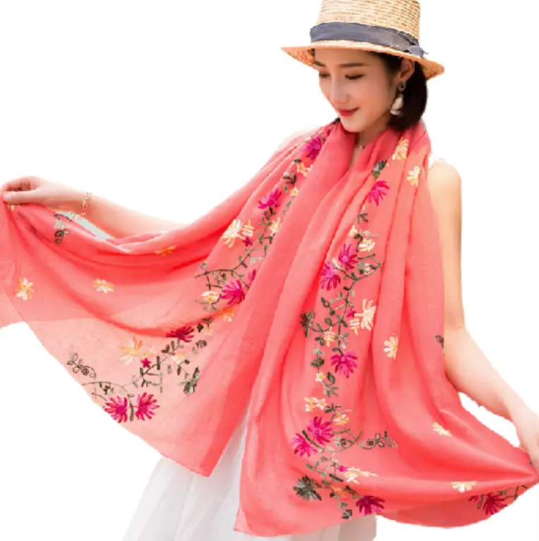 गर्म बिक्री पश्मीना स्कार्फ के साथ महिलाओं के लिए नाजुक कढ़ाई भव्य कपास लिनन लपेटें स्कार्फ आपूर्तिकर्ता थोक