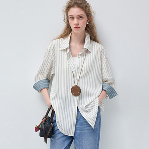 VEGA CHANG Camicia Primaverile da Donna a Righe Verticali con Spalle Scivolate, <span class=keywords><strong>Blusa</strong></span> Casual Classica Bicolore - Product Image 1