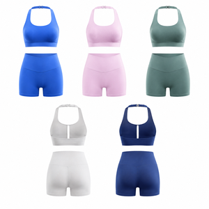 Conjunto de sujetador deportivo halter de yoga ultra suave y shorts de cintura alta con efecto fruncido y espalda abierta sin costuras para mujer, para gimnasio y fitness, con control de abdomen, acabado mate. - Product Image 4