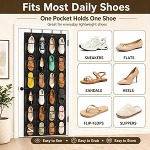 Over The Door <b>Shoe</b> Organizer 24 Pockets Crystal Clear Storage Rack For Closet With Metal <b>Hooks</b> Black Hanging <b>Shoe</b> Rack - Product Image 3