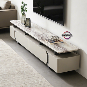 Mueble de TV de Lujo con Tapa de Mármol Natural, Base Flotante de MDF y Detalles Geométricos, Mueble Artístico <span class=keywords><strong>para</strong></span> el Hogar - Product Image 3