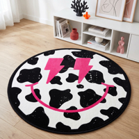 Tapis rond en tissu tufté personnalisé, motif vache rose et noir, style anime vintage, moelleux et lavable, pour la décoration intérieure - Vente en gros