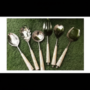Juego de servidor de ensalada de metal con acabado plateado de lujo con mango de nácar, juego de utensilios decorativos para servir - Product Image 1