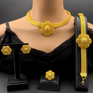 مجموعة مجوهرات فاخرة مطلية بالذهب ومطلية بالزهور قلادة وأقراط خاتم سوار يتضمن رائعة لحفل الزفاف والمناسبات الخاصة - Product Image 1
