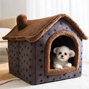 Köpek evi yumuşak Pet yatak çadır kapalı kapalı sıcak peluş uyku yuva sepeti çıkarılabilir yastık ile seyahat köpek aksesuarı