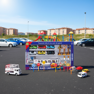Camion de course miniature en métal 1:84 avec 6 voitures et panneaux routiers pour enfants de 3 ans et plus - Product Image 3