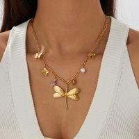 Collier pendentif libellule en acier inoxydable avec chaîne à maillons, plaqué or 18K PVD, breloques fleur, cœur et nœud, inaltérable, bijoux pour femme