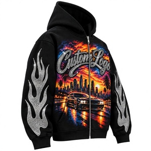 Sudadera con capucha y cremallera de algodón 100% personalizada con diseño de llamas y pedrería para streetwear |   Botas de Invierno Negras con Tachuelas Unisex OEM Marca Privada - Product Image 2