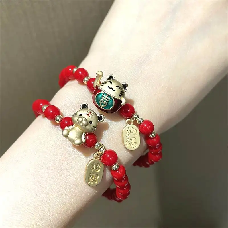 Pulseira com pingentes de cristal vermelho, bracelete feminino com berloque de cristais, tigre, gato, 2022