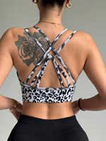 Soutien-gorge de sport sans couture imprimé léopard pour femme, dos croisé multi-bretelles, maintien moyen, côtelé, pour entraînement, gym, yoga, coupe courte
