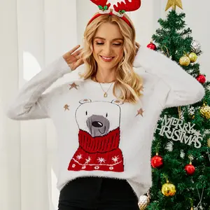 热卖丑陋毛衣圣诞女圆领灰白色刺绣卡通熊提花针织圣诞女毛衣