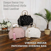 Sac ethnique vintage indien artisanal, style bohème, patchwork, avec chaînes de perles scintillantes, en cuir véritable et doublure acrylique / Pochette