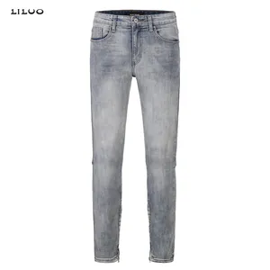 Celana jeans kaki kecil ritsleting samping gaya jalanan tinggi gaya Eropa dan Amerika dengan slim fit celana pelangsing elastis untuk pria