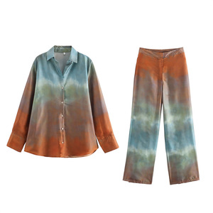 Summer New Women's Silk Texture Gradient Loose Shirt <strong>Top</strong> <strong>Tie</strong> <strong>Dye</strong> Printed Pants Set - Product Image 1