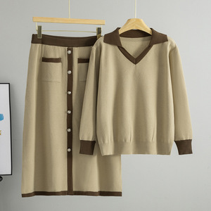 Conjunto de Suéter Tejido para Mujer, Cuello en V, Manga Larga con Falda, Combinación de Colores Beige y Marrón, Atuendo de Moda para Todas las Temporadas - Product Image 1