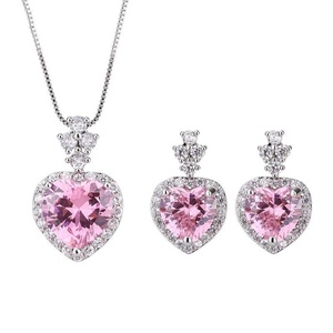 Fashion Jewelry Eco-friendly Copper Romantic 9*9MM Pink Zircon Heart Necklace and <b>Earrings</b> <b>Set</b> for Valentine's Day Gift - Product Image 1