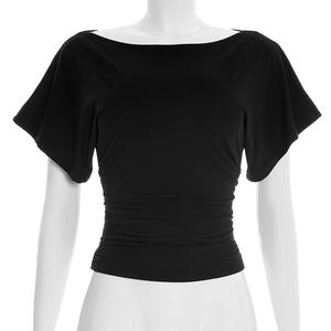 Viviblook Y26TP061 Camiseta de Verano para Mujer, Cuello Redondo, Color Sólido, Plisada, Manga Corta, Informal - Product Image 1