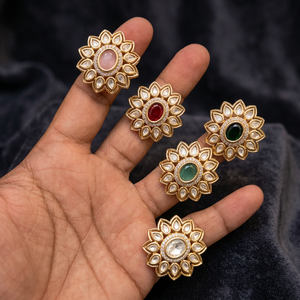 Anillo Floral Kundan Ajustable Chapado en Oro de Lujo para Mujer |   Anillo de cóctel llamativo con diamantes americanos CZ |   Boda Nupcial | - Product Image 3