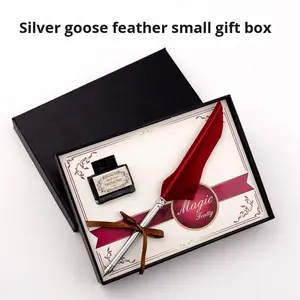 Stylo plume en plume de canard bleu, corps argenté, plume à tremper, ensemble avec flacon d'encre, outil d'écriture cadeau, signature, boîte rétro - Product Image 2