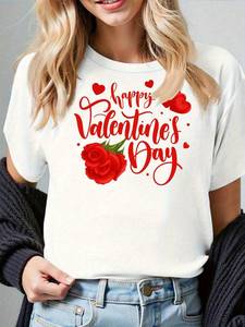T-shirt da donna per San Valentino, manica corta, girocollo, in cotone bianco, stampa cuore di rosa, top casual primavera estate - Product Image 3