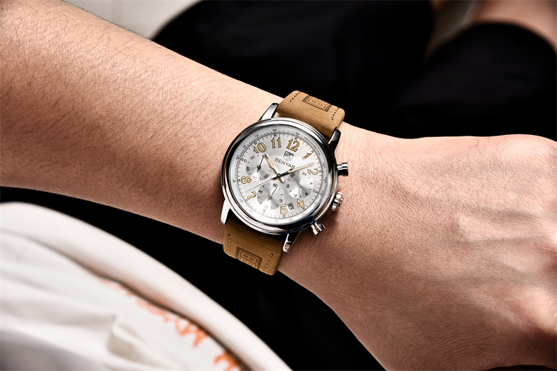New BENYAR Top Brand Leather Men Quartz Wristwatches Waterproof Chronograph Men Sports Watch for Men Reloj hombre