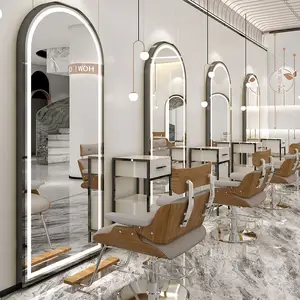 Estación de espejo de barbero, nuevo diseño, negro, medio redondo, espejo de salón de un solo lado con luces led