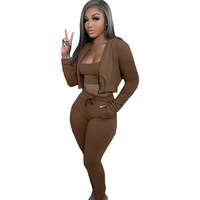3 parça kırpma üst Jogger seti nedensel 2 parça fermuarlı kapüşonlu kıyafet Set bayan Loungewear güz özel kapüşonlu üstler ve ter pantolon seti