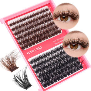 Pestañas postizas individuales negras con logotipo personalizado, pestañas postizas <span class=keywords><strong>de</strong></span> segmento <span class=keywords><strong>de</strong></span> racimo DIY, racimos <span class=keywords><strong>de</strong></span> pestañas esponjosas marrones - Product Image 1