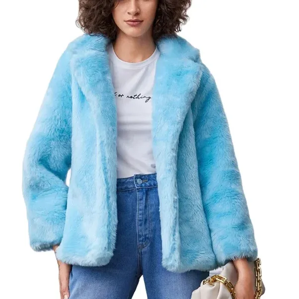 Wholesale In stock S-4XL Long Sleeves Faux Fur Blue Coat Winter rabbit fur coat for Lady fake fur Coat Jacket
