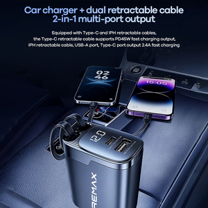 Caricabatterie da Auto Pieghevole REMAX CC09 60W con Cavo Retrattile Doppio Integrato, <span class=keywords><strong>USB</strong></span>-C PD 45W, 4 Porte, Ricarica Rapida, <span class=keywords><strong>Adattatore</strong></span> per <span class=keywords><strong>Accendisigari</strong></span> - Product Image 4