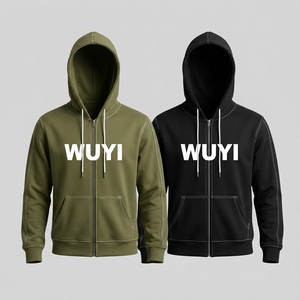 เสื้อฮู้ดซิปสีเขียวมะกอกสำหรับผู้ชาย พิมพ์โลโก้ตามสั่ง ทรงปกติ ผ้าฝ้ายเฟรนช์เทอร์รี่ สไตล์ลำลอง สตรีทแวร์ มีกระเป๋าหน้า - Product Image 2