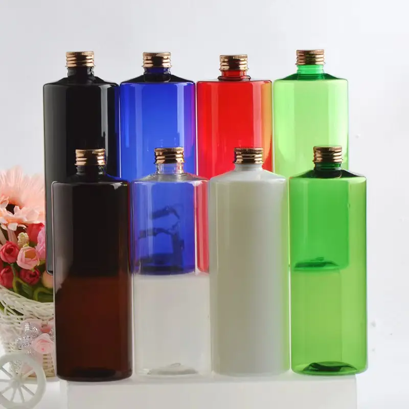 Wholesale 500ml Flat Shoulder PET Bottles Empty Plastic Emulsion Bottle With Aluminum Cap Cosmetic Water Packaging Container