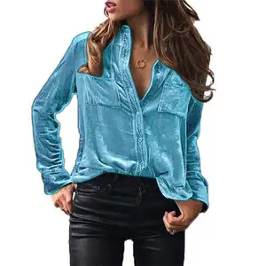 2022 Autumn and winter velvet long sleeve pocket shirts ladies solid color button mujer de moda blouse tops