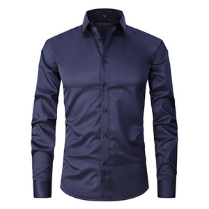 Chemise de couleur unie extensible sur les quatre côtés Chemises de plage hawaïennes pour hommes Chemise noire à manches longues et coupe ajustée élastique sans repassage - Product Image 5