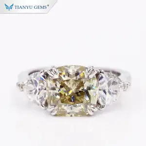 Tianyu Gems 3.5ct crushed ice cushion cut yellow Moissanite Diamond in solid white gold Engagement ring