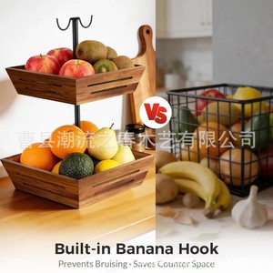 New acacia wood double-layer fruit basket with iron bracket, banana hook, fruit <b>plate</b>, and kitchen fruit storage <b>rack</b> - Product Image 3