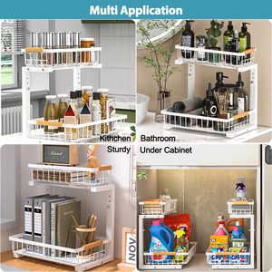 2-Tier <b>Under</b> Sink Organizer Height Adjustable Metal Pull Out Cabinet Organizer with Handle for Kitchen Bathroom - Product Image 5