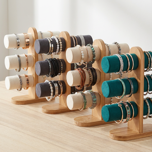Wholesale Wooden Base 3 Tier <b>Leather</b> Watch Display White/Black/Green Velvet Displays for <b>Bracelets</b> Jewelry Retail - Product Image 3