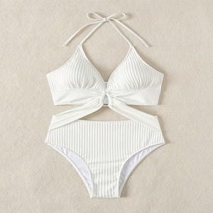 Bikini de una pieza de Color sólido sexy personalizado de fábrica, último traje de baño hueco para mujer con decoración de cristal y joyería, conjunto de 2 piezas - Product Image 2