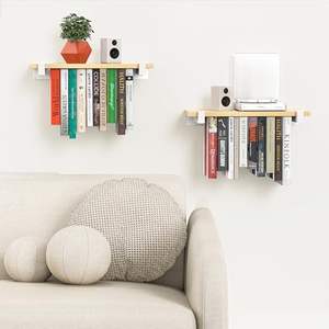 Ensemble de 2 bibliothèques flottantes modernes en <span class=keywords><strong>bois</strong></span> de pin blanc avec supports d'étagères invisibles Espace unique Étagères suspendues murales - Product Image 1