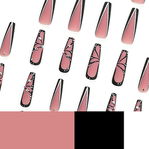 Uñas prensadas personalizadas Manicura Acabado Largo Negro Mariposa Patrón francés Consejos Uñas postizas con diamantes - Product Image 4