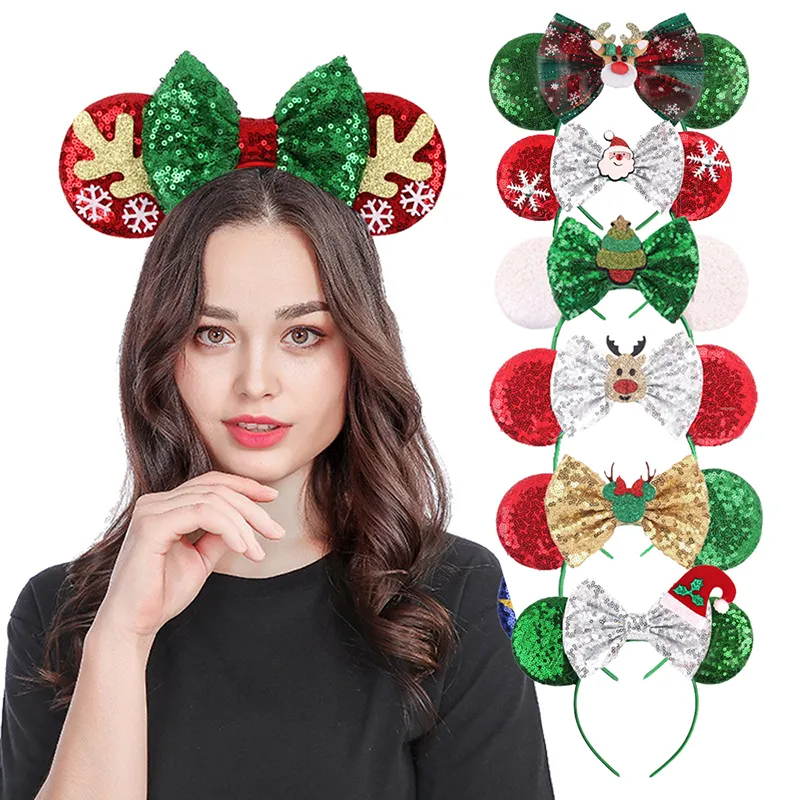 Glitter Christmas Hair Bows Mini Mouse Ears Headband Girls 5'' Bow sequin Hairband Holiday Party Cosplay Adult/Kids Gift