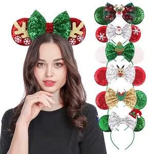 Glitter Natal Rambut Busur Mini Mouse Telinga Headband Perempuan 5 ''Busur Payet Hairband Pesta Liburan Cosplay Dewasa/Anak-anak Hadiah