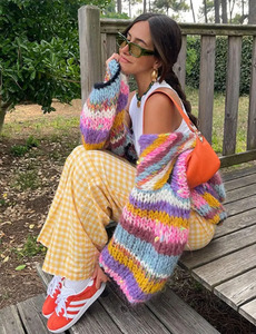 เสื้อสเวตเตอร์ถักแบบสั้นสำหรับผู้หญิงเสื้อสเวตเตอร์ถักแขนยาวลายทางสีชมพูแฟชั่นฤดูใบไม้ร่วงลำลอง - Product Image 5