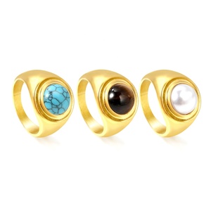 Wholesale Stainless Steel 18K Gold Plated Fashion Jewelry Stone Round Flat <b>Top</b> Pearl Turquoise Camber <b>Finger</b> <b>Rings</b> for Women - Product Image 1