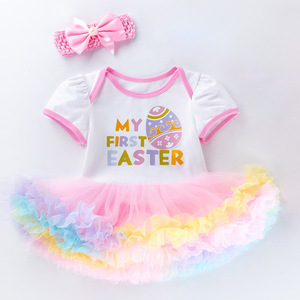 Nuovo Stile Estivo: Tutina in Cotone con Stampa Cartoon per Bambina, Manica Corta, Bianco e Rosa, con Tulle, per Festa del Primo Compleanno, Vendita all'Ingrosso - Product Image 6