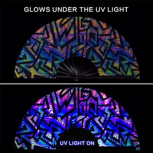 Wholesale <b>Large</b> Folding Rave Hand Fan UV Glow Neon Rainbow Geometric Clack Fan Bamboo <b>Frame</b> for Music Festival Party - Product Image 4